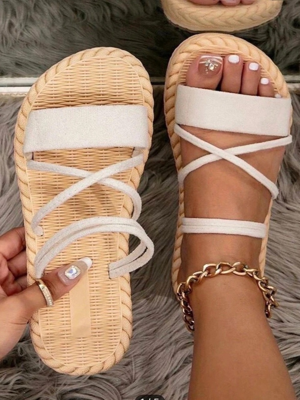 Woven Strappy Sandals in White & Beige Like New